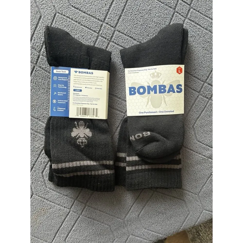 Bombas Men’s Large Black Crew Socks 2 Pairs Cushioned Arch Support